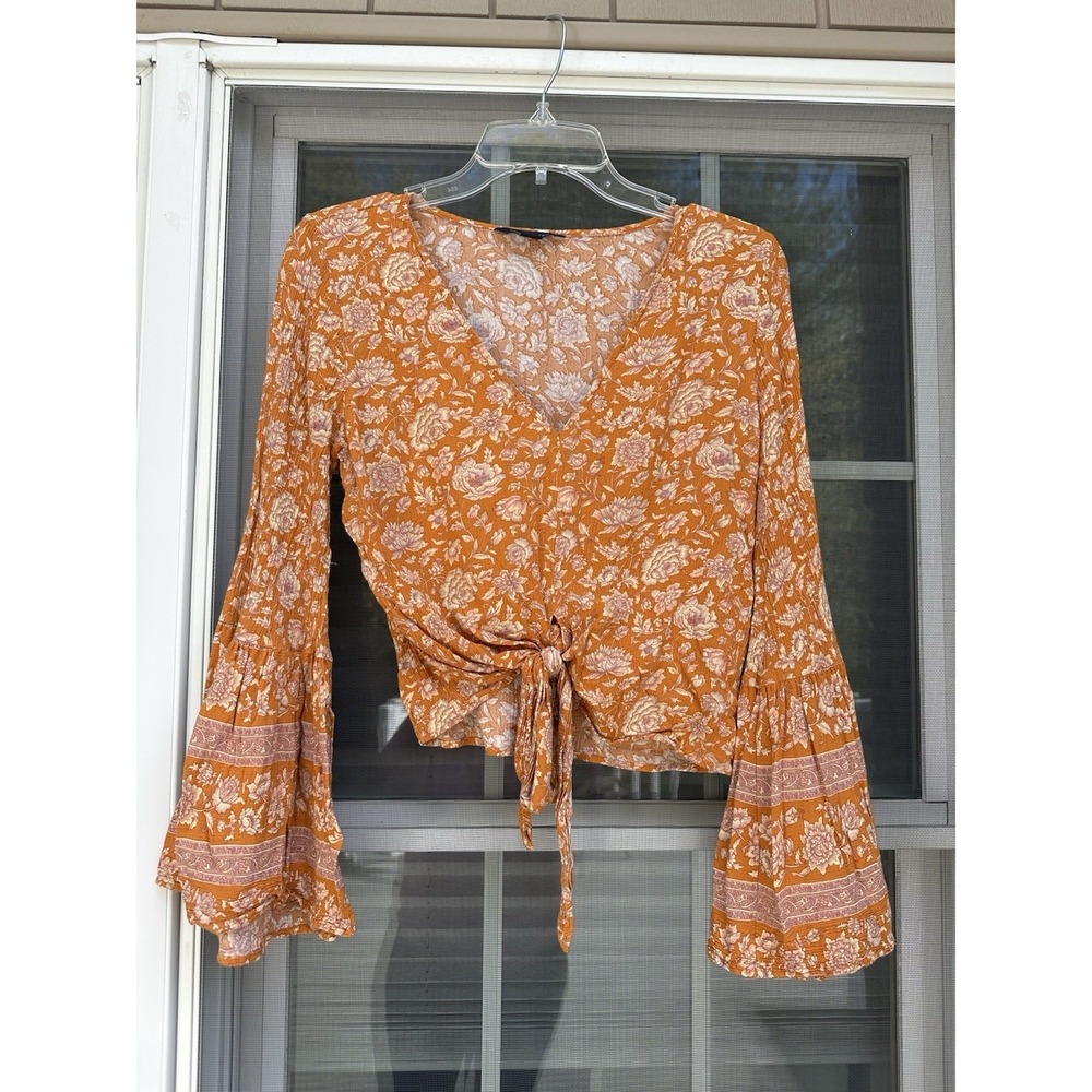American Eagle  Floral Tie Front Boho Top Bell Sleeve Cottagecore Festival S